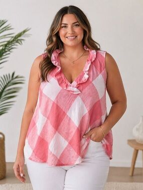 Pink/ White loose fitting Sleeveless Ruffle V neck 100% Linen Top